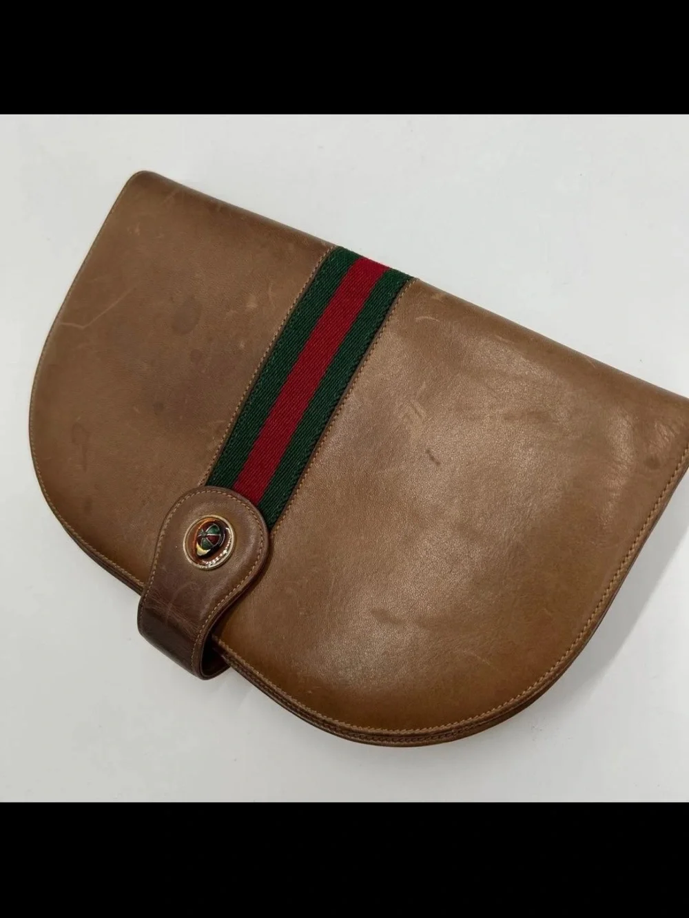 Gucci Brown Leather Clutch with Signature Green and Red Web